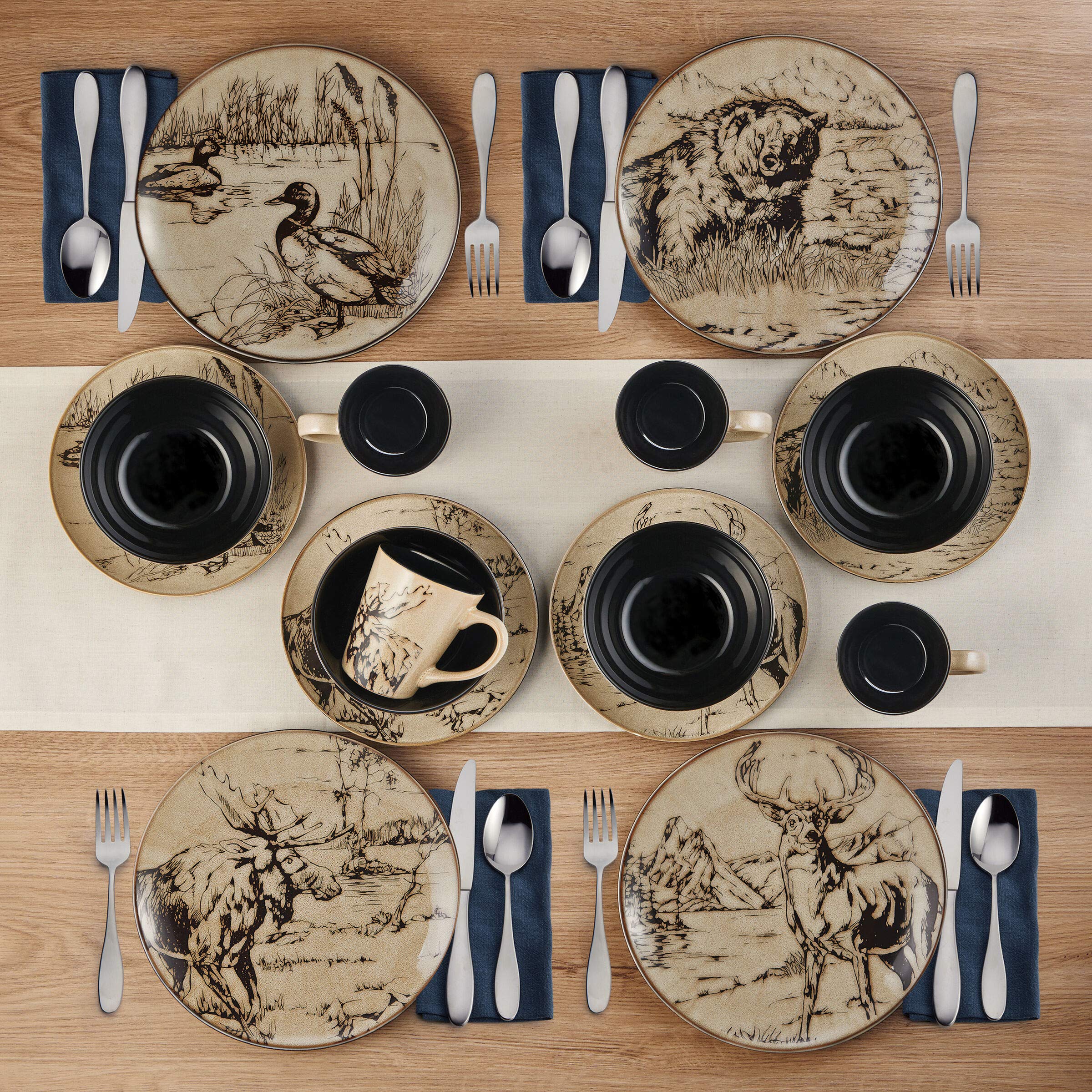 Mossy Oak Animal Print 16 Piece Dinnerware Set, Black and Beige