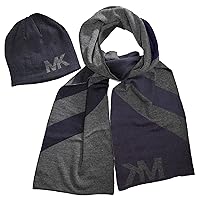 Michael Kors Men's Scarf and Beanie Set, Navy and Gray, One Size