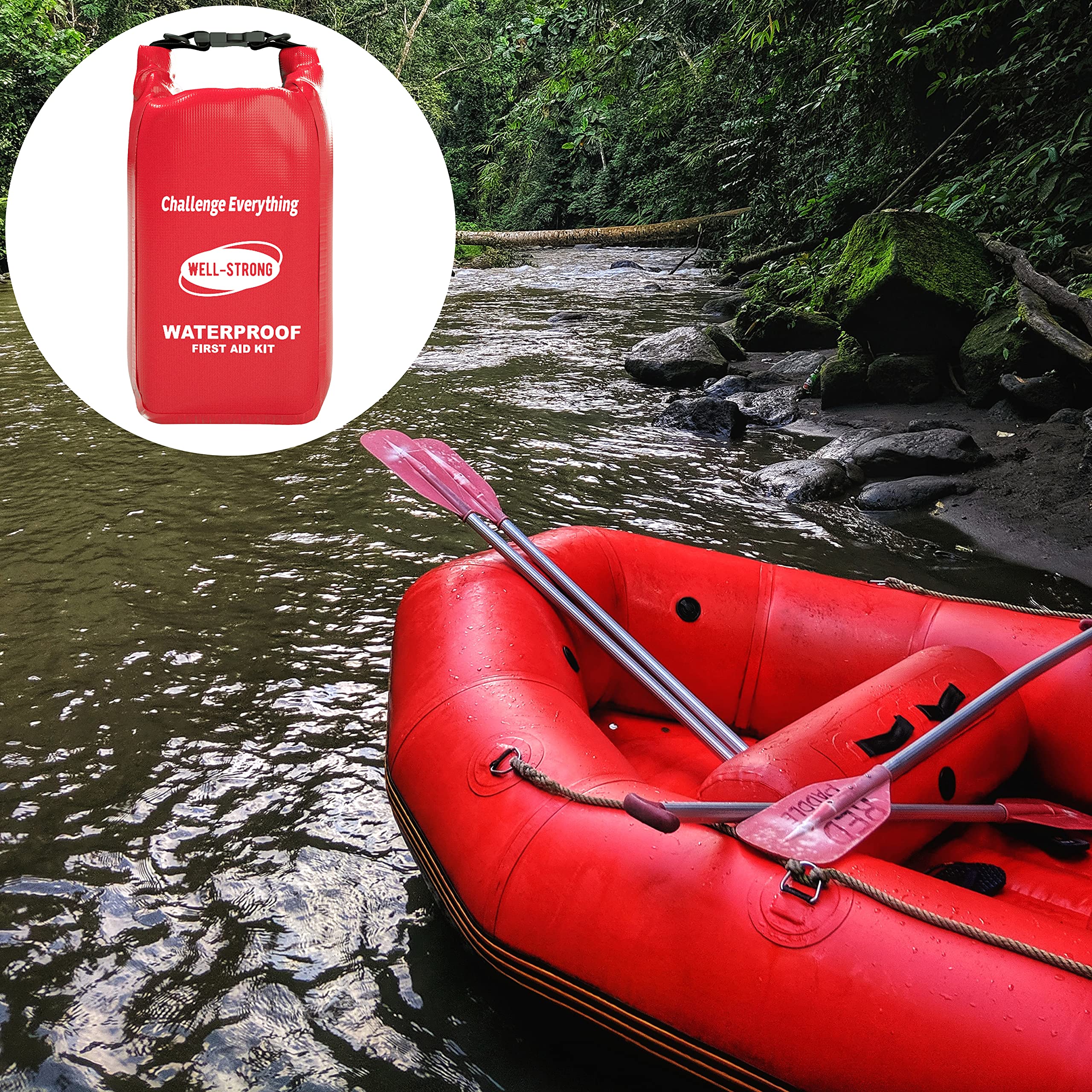 WELL-STRONG Waterproof First Aid Kit Roll Top Boat Emergency Kit with Waterproof Contents for Fishing Kayaking Boating Swimming Camping Rafting Beach Red