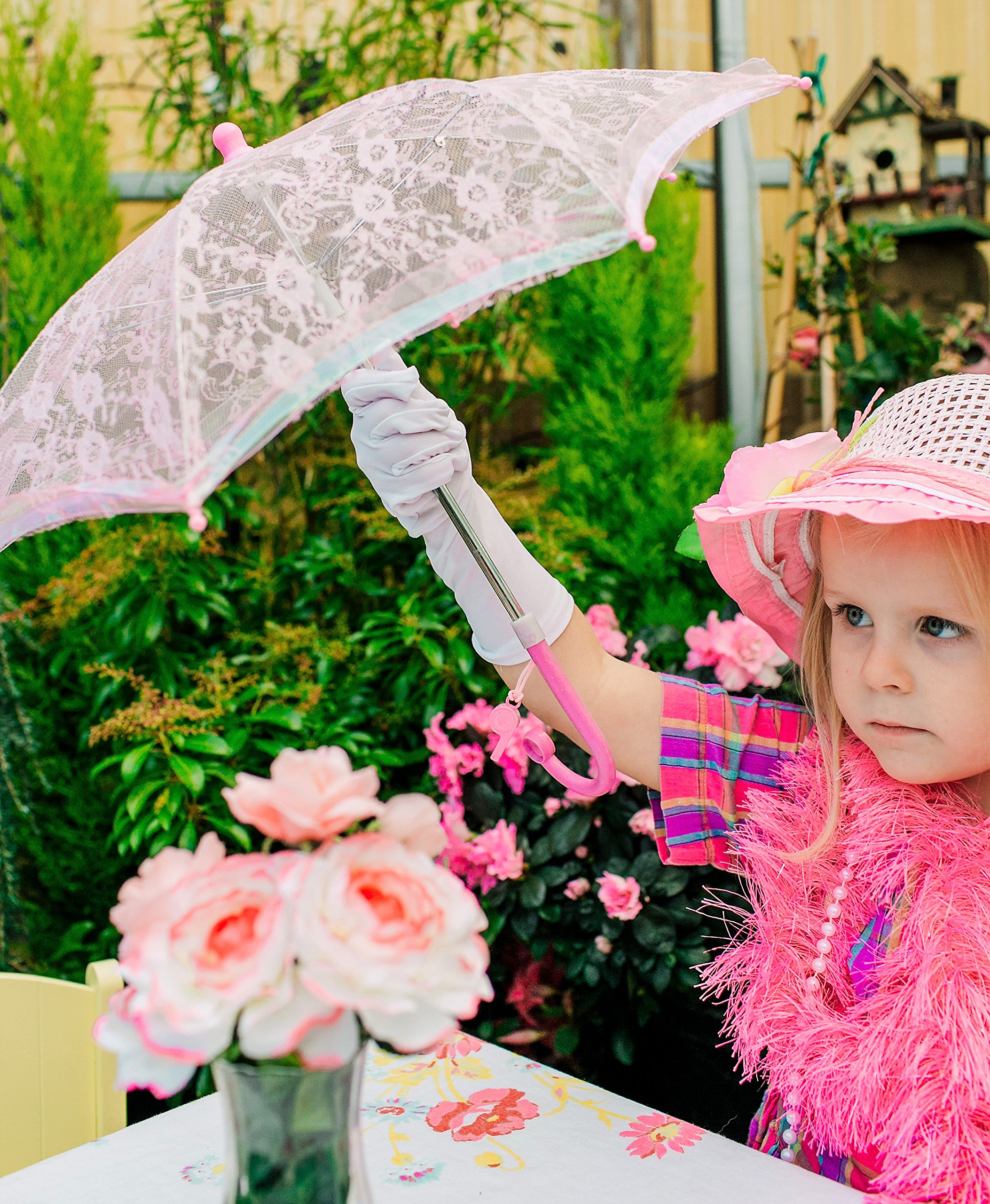 Butterfly Twinkles Girls Tea Party Hat Dress Up Hat with Pink Boa Parasol and White Gloves Light Pink