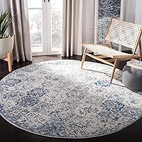 SAFAVIEH Madison Collection 8' Round WhiteRoyal Blue MAD611C Boho Chic Floral Medallion Trellis Distressed Non-Shedding Living Room Dining Bedroom Foyer Area Rug