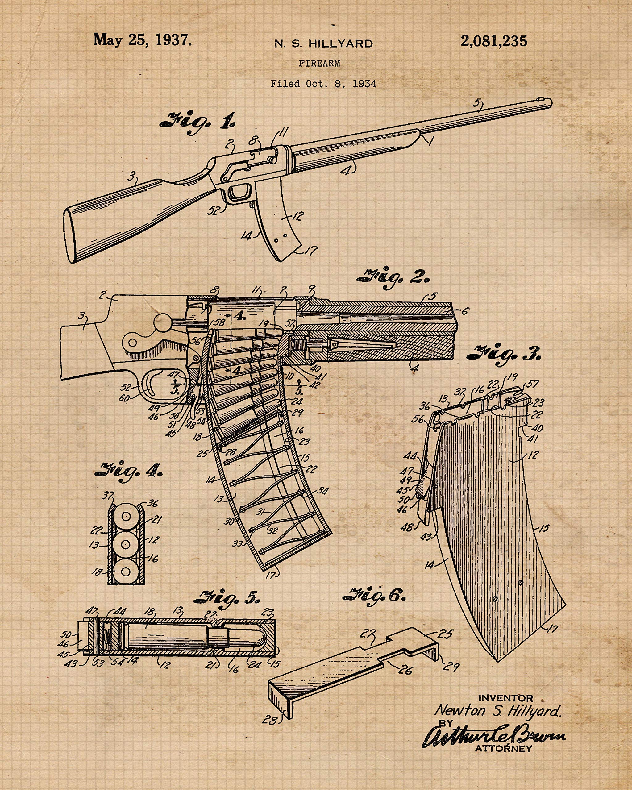 Vintage Firearms Patent Prints, 4 (8x10) Unframed Photos, Wall Art Decor Gifts for Home Remington Office Studio Pistol Rifle Gears Ammo Garage Shop Student Teacher Coach Cowboys Safety Instructor