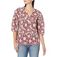 Women's Floral Embroidery Y-Neck Top with Puff Sleeves