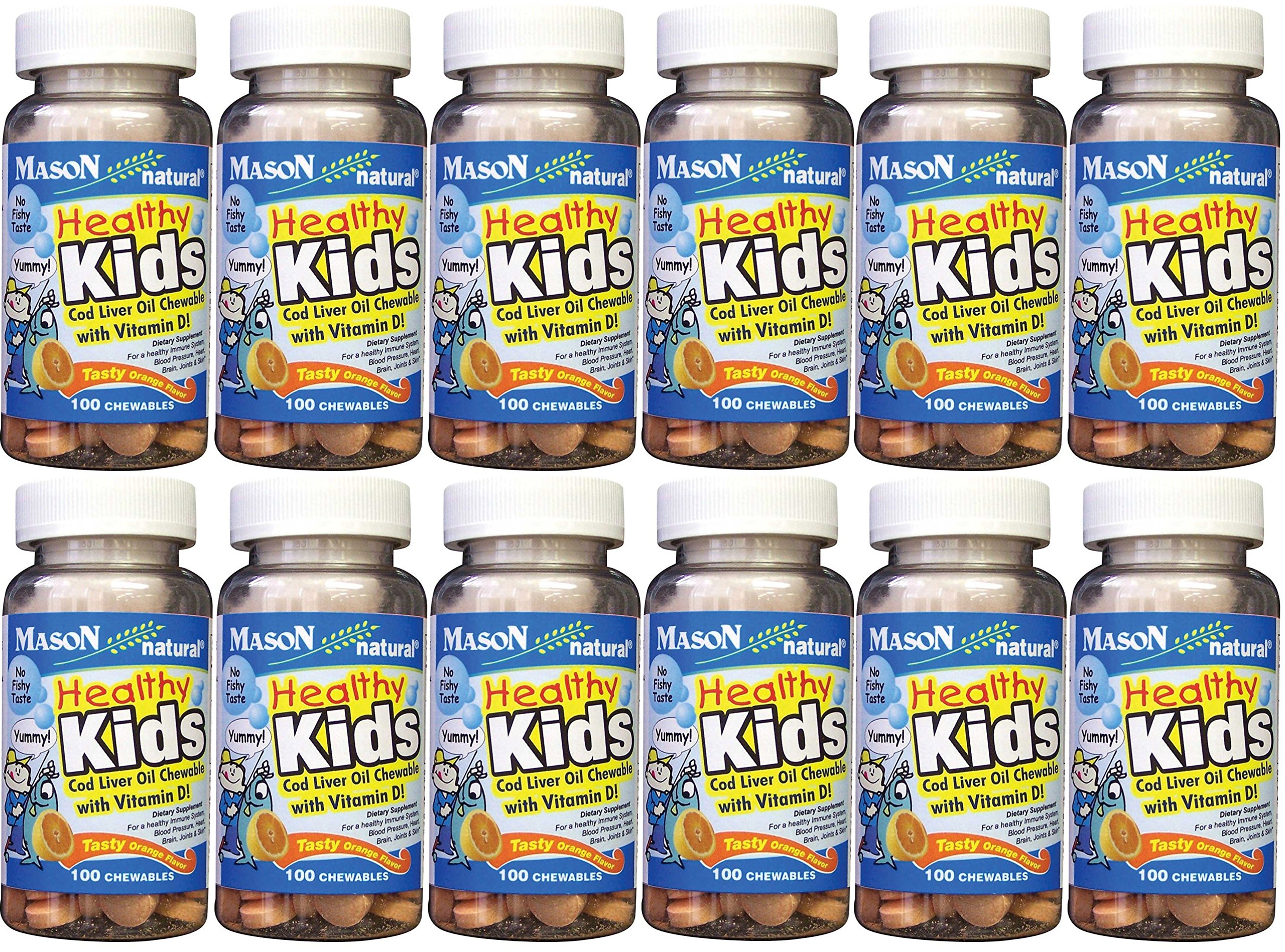 Mason Vitamins Healthy Kids Cod Liver Oil and Vitamin D, Tasty Chewable Orange Flavor, 100 Tablets per Bottle Pack of 12 Total 1200 Tablets