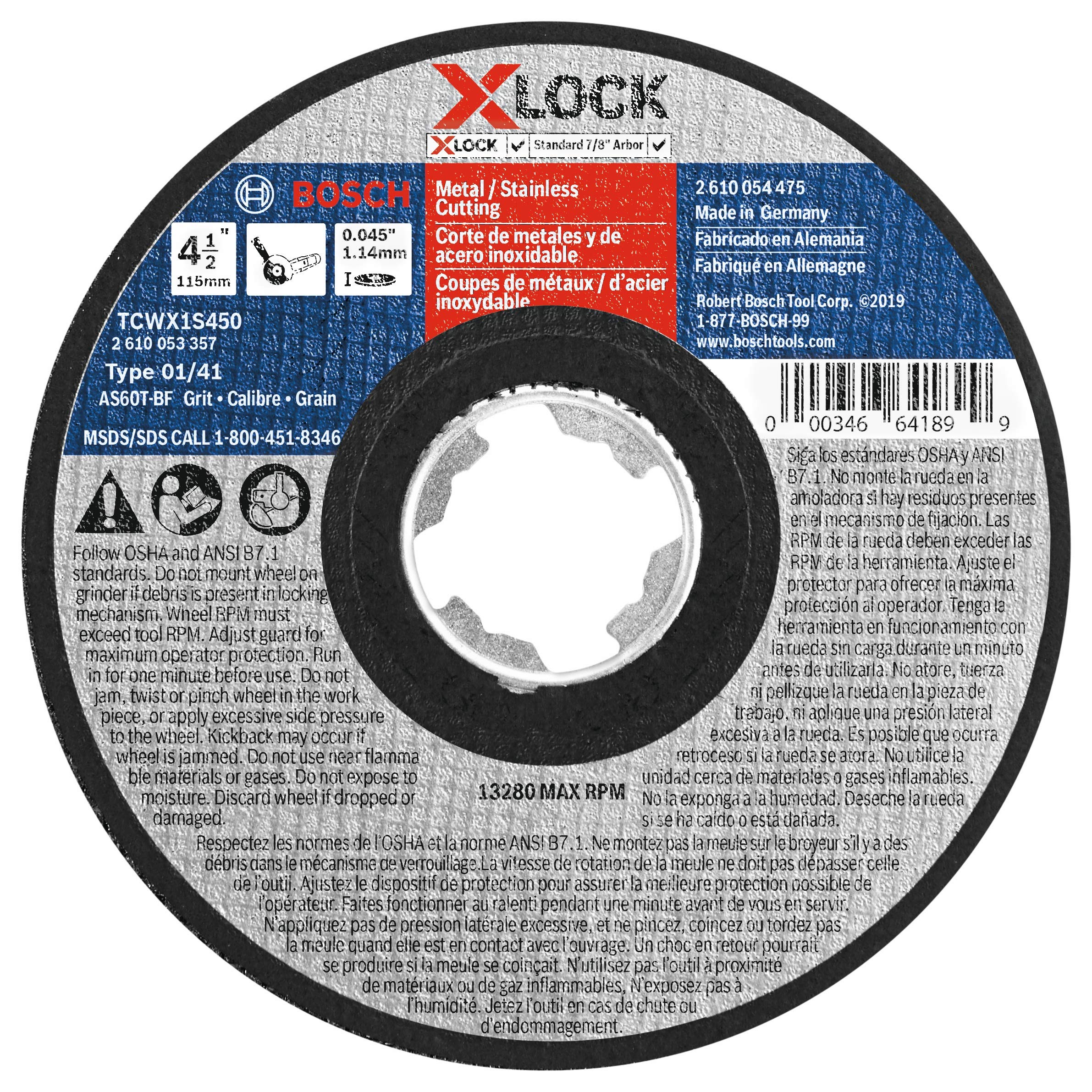 Mua BOSCH TCWX1S450 4-1/2 In. x .045 In. X-LOCK Metal/Stainless Fast Cutting  Abrasive Wheel 60 Grit Compatible with 7/8 In. Arbor Type 1A (ISO 41) for  Applications in Metal, Stainless Steel Cutting
