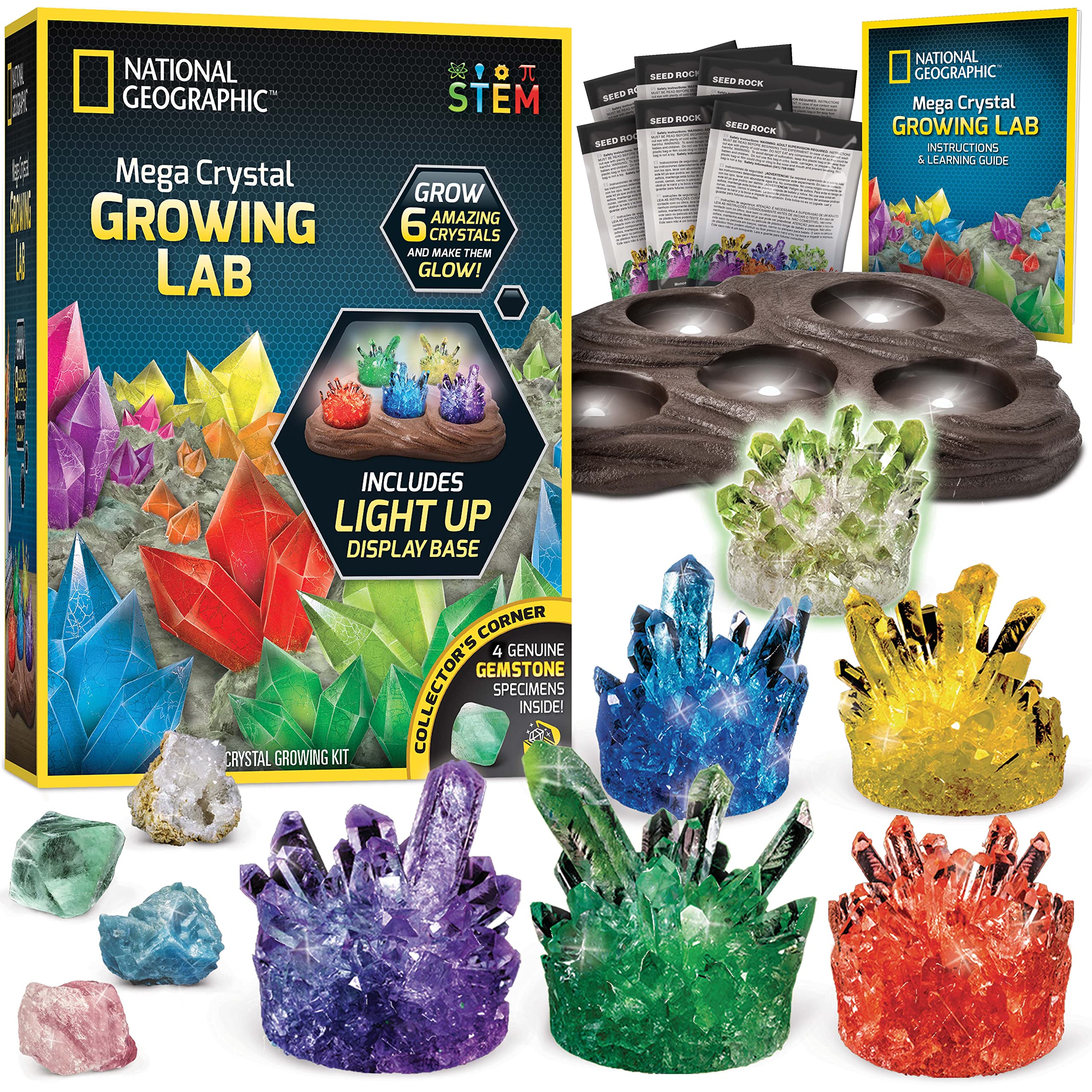 NATIONAL GEOGRAPHIC Mega Crystal Growing Kit for Kids – Grow 6 Vibrant Crystals Fast (3-4 Days), with Light-Up Display Stand and Real Gemstones, Crystal Making Science Kit (Amazon Exclusive)