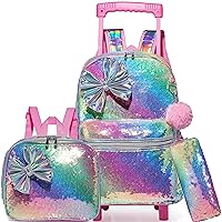 Bowknot Rolling Backpack for Girls Roller Backpacks with Wheels Kids Wheeled Sequin Suitcase Trolley Trip Luggage for Elementary Kindergarten Student with Lunch Box Pencil Case for Kids 5-12 Years Old