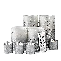 Furora LIGHTING Silver Glitter LED Candles with Remote and Timer, 4 Pillars and 4 Votives Pack of 8, Real Wax Flameless Flickering Candles for Home Décor, Battery Included