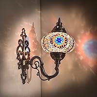 LaModaHome Turkish Lamp Colorful Mosaic Glass Decorative Bronze Wall Lamp for Living Room, Bedroom or Office Moroccon Lamp with US Plug & Socket - Large 7