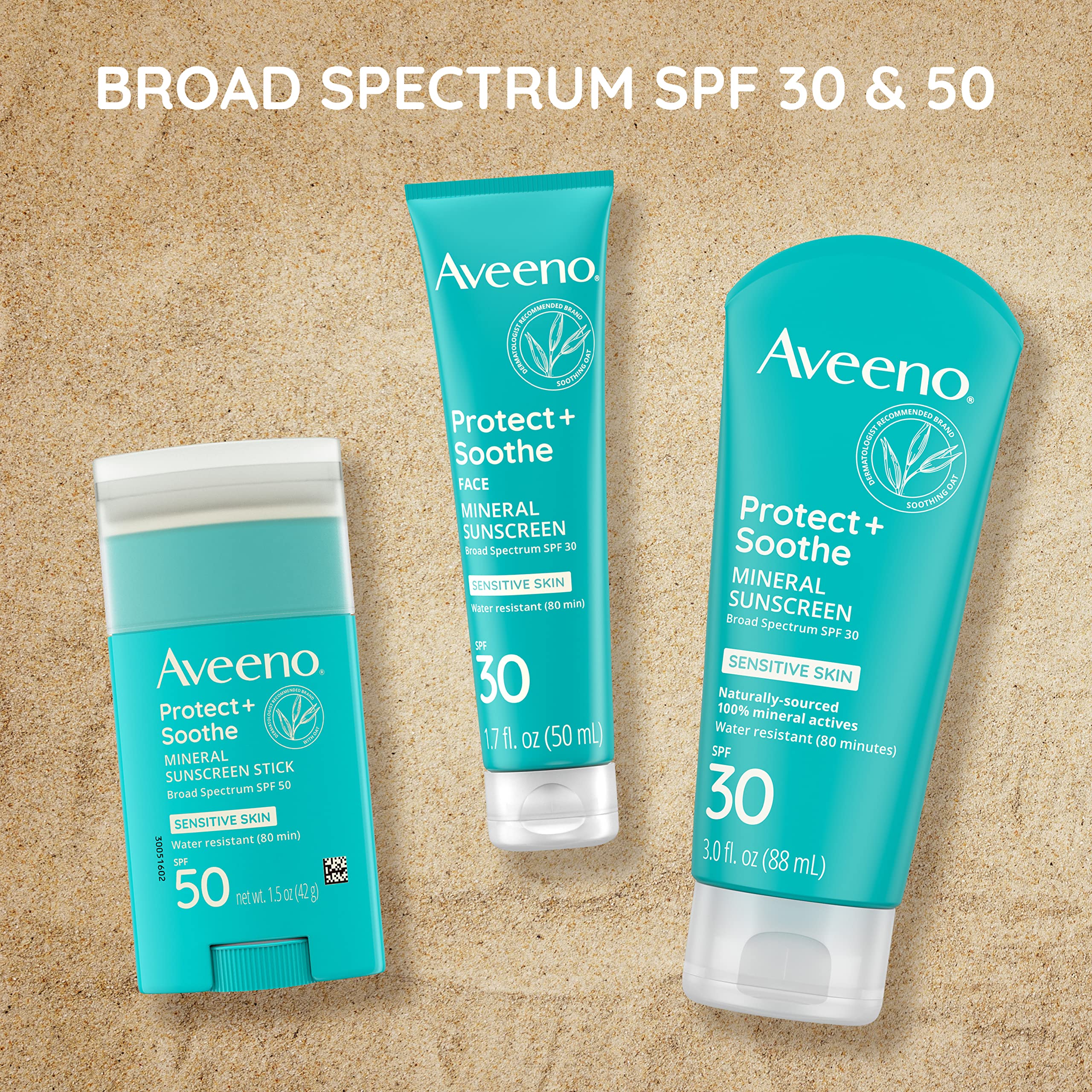 Aveeno Protect + Soothe Mineral Sunscreen Stick for Sensitive Skin with Broad Spectrum SPF 50, Water-Resistant Face & Body Sunscreen with Zinc Oxide & Oat, Fragrance-Free, Travel Size, 1.5 oz