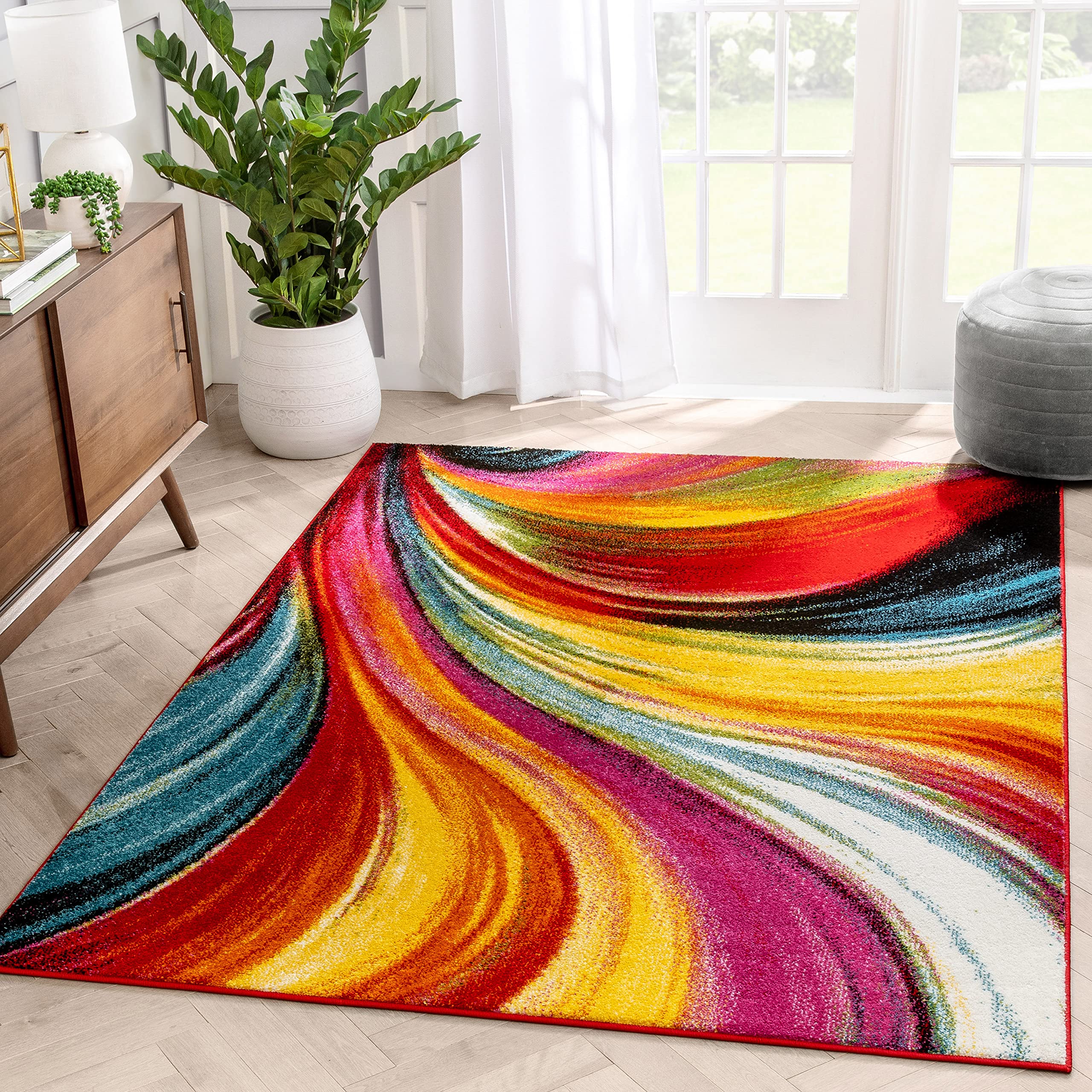 Well Woven Aurora Multi Red Yellow Orange Swirl Lines Modern Geometric Abstract Brush Stroke Area Rug(5'3inx7'3in)Easy Clean Stain Resistan...