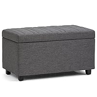 SIMPLIHOME Darcy 33 Inch Wide Contemporary Rectangle Storage Ottoman Bench in Slate Grey Linen Look Fabric, For the Living Room, Entryway and Family Room