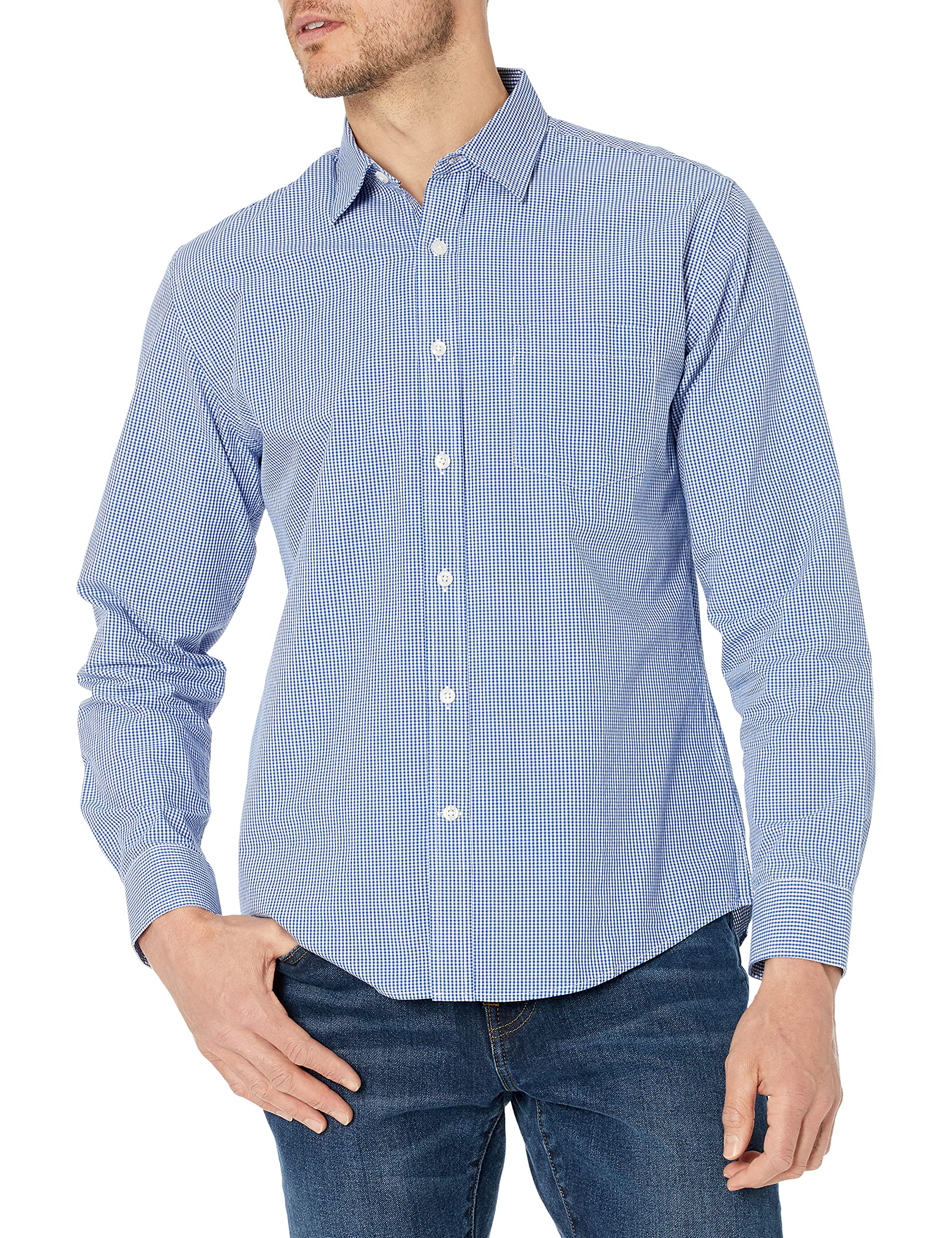 Amazon Essentials Men's Regular-Fit Long-Sleeve Casual Poplin Shirt, Blue Gingham, Large