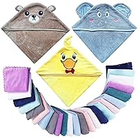 3 Pack Baby Hooded Bath Towel with 24 Count Washcloth Sets for Newborns Infants & Toddlers, Boys & Girls - Baby Registry Search Essentials Item - Bear, Elephant, Duck