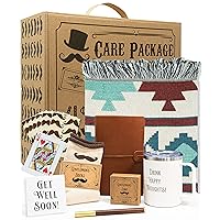 Get Well Soon Gift Basket Men | Care Package For Men | Includes Soft Blanket, Insulated Mug, Journal, Pen, Soap, and Cozy Socks | Packaged In a Vintage Gift Box