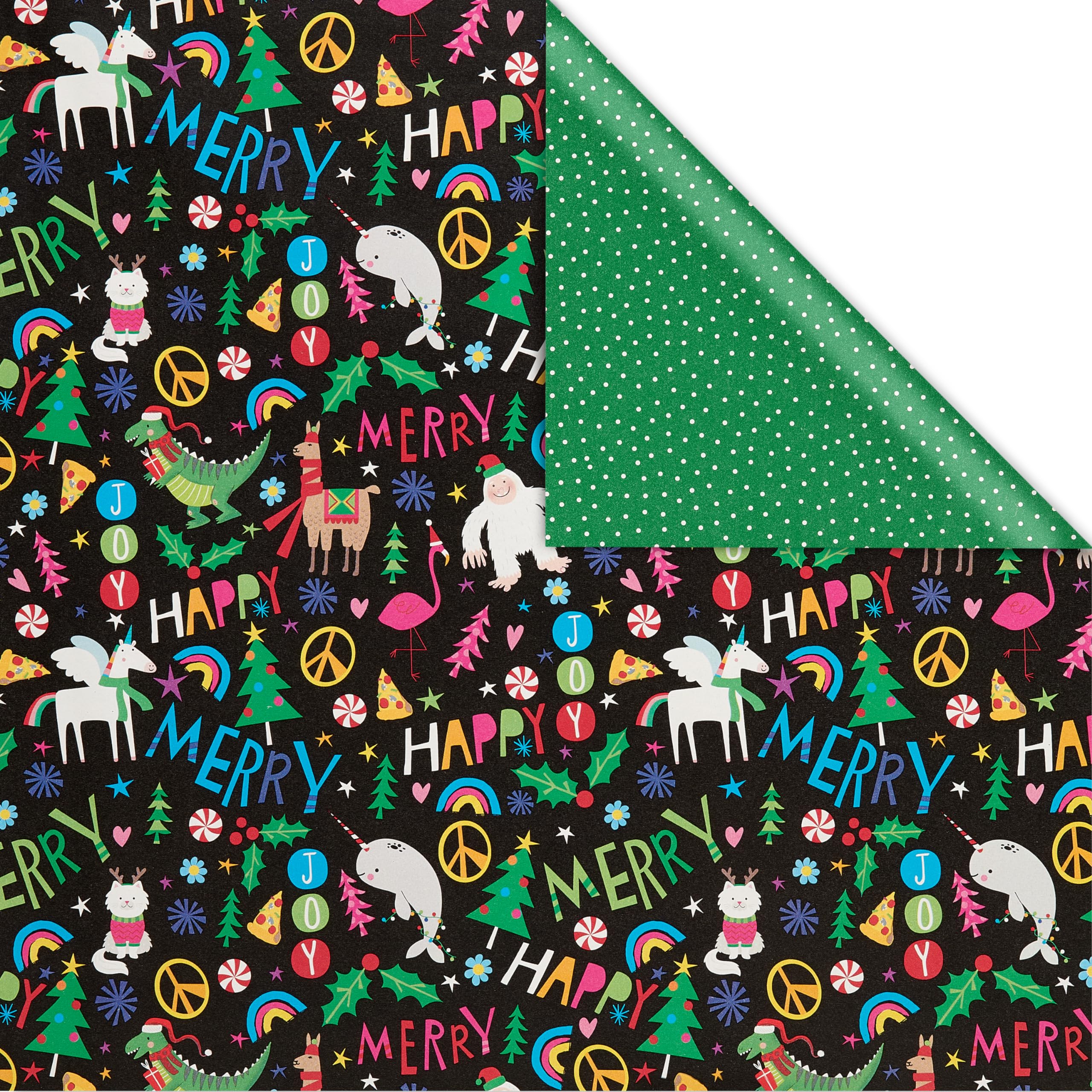 American Greetings 175 sq. ft. Reversible Black Christmas Wrapping Paper For Kids, Dinosaurs, Yetis and Unicorns (1 Jumbo Roll 30 in. x 70 ft.)