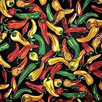 Colorful HOT CHILIS Poly Cotton Print Fabric White Background OR Black Background, Sells by The Yard (Black)